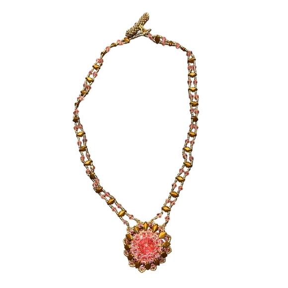 Handmade Pink Beaded Statement Necklace Gold Toggle Boho Artisan Jewelry - Picture 1 of 5